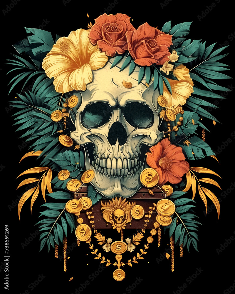 Application for the Day of the Dead. Skull with flowers and treasure chest. Holiday banner with skull created for card, poster, website, greeting invitation Application for the Day of the Dead. Skull with flowers and treasure chest. Holiday banner with skull created for card, poster, website, greeting invitation
