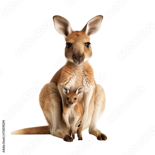 Kangaroo holding baby isolated on transparent or white background © Luckyphotos