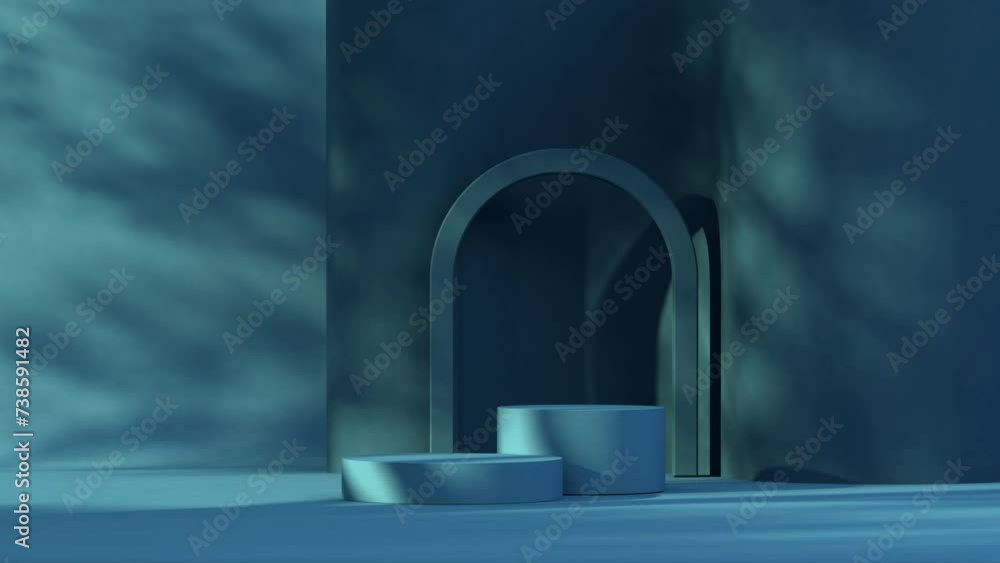 3D render animation blue platform with blue back wall and tree silhouette 3D render animation blue platform with blue back wall and tree silhouette