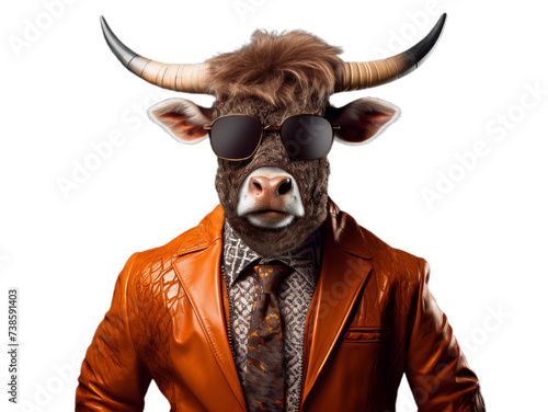 Cool bull in the sunglasses and suit on the transparent background
