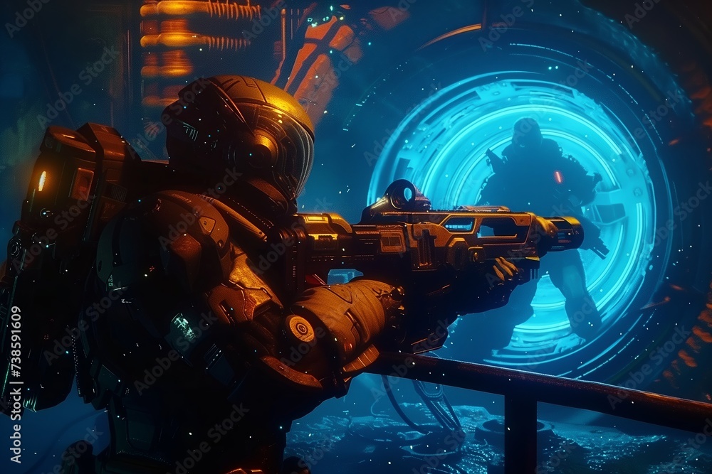 The Future Warrior: A futuristic scene inside a spaceship where a daring man holds a space blaster, surrounded by vibrant glow, against the backdrop of starry space. 