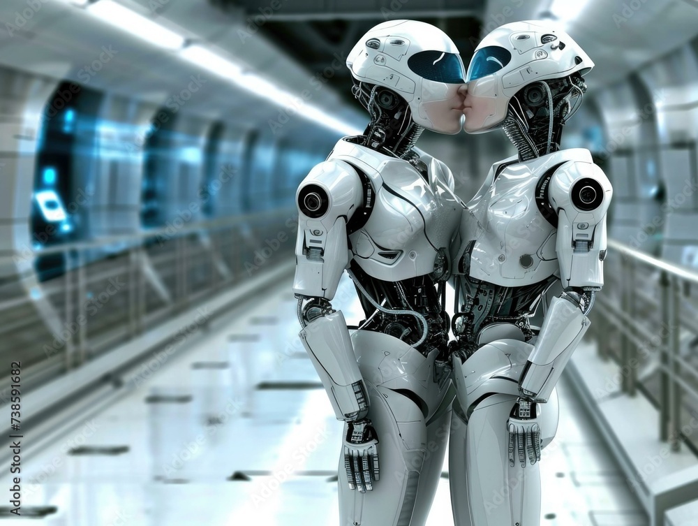 Two robots kiss in a tunnel. Generative AI. Two robots kiss in a tunnel. Generative AI.