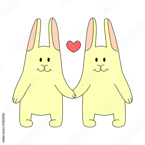 Two rabbits holding hands. Vector illustration for Valentine's Day or Easter