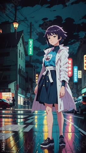 An anime girl at night around the sparkling city lights in heavy rain while wearing a coat. Vertical video