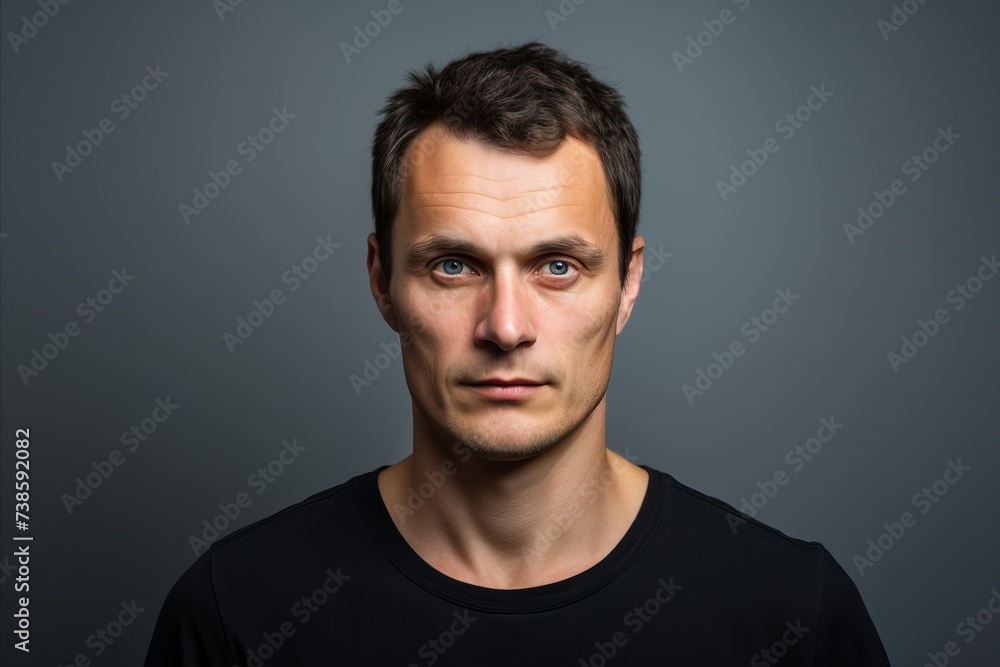 Portrait of a young man looking at camera over grey background.