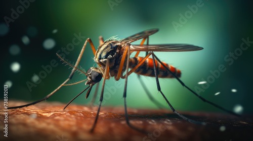 closeup macro shot Mosquito,Wide angle shot macro view full body of mosquito on human skin