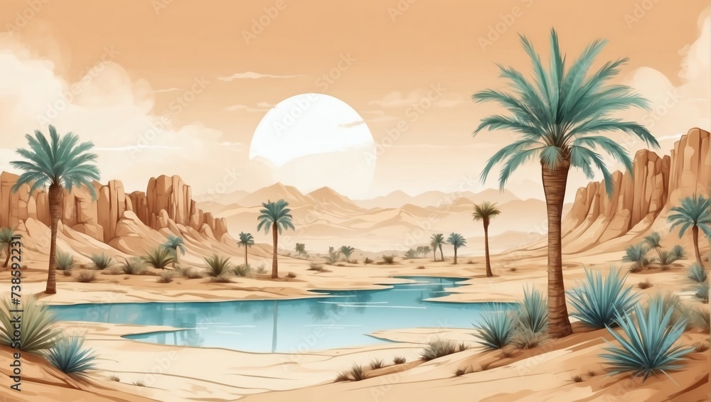 Desert oasis background vector. Minimal oasis art with watercolor brush and golden line art texture. Abstract art wallpaper for prints, Art Decoration, wall arts, and canvas prints.