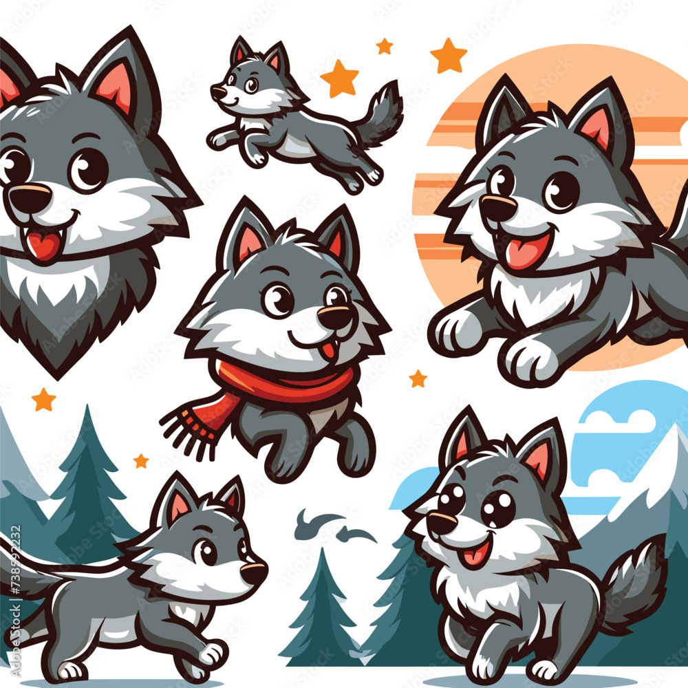 cute wolf cartoon vector on white background
