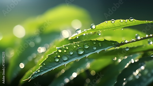 Large beautiful transparent raindrops on green leaves macro © jiejie