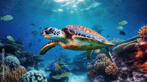a green sea turtle swimming under a coral reef © kiatipol