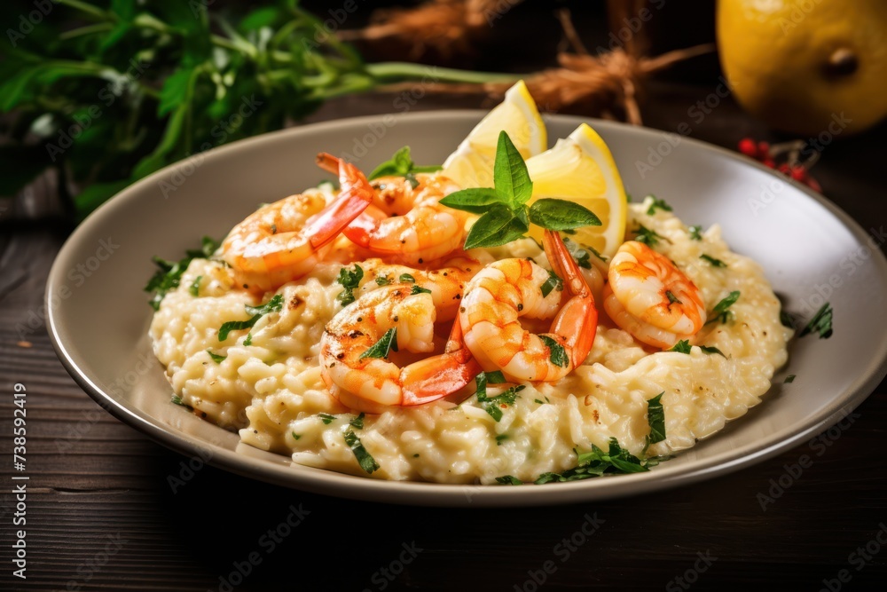 italian lunch shrimp creamy risotto cheese rice fried cook menu on white dish.