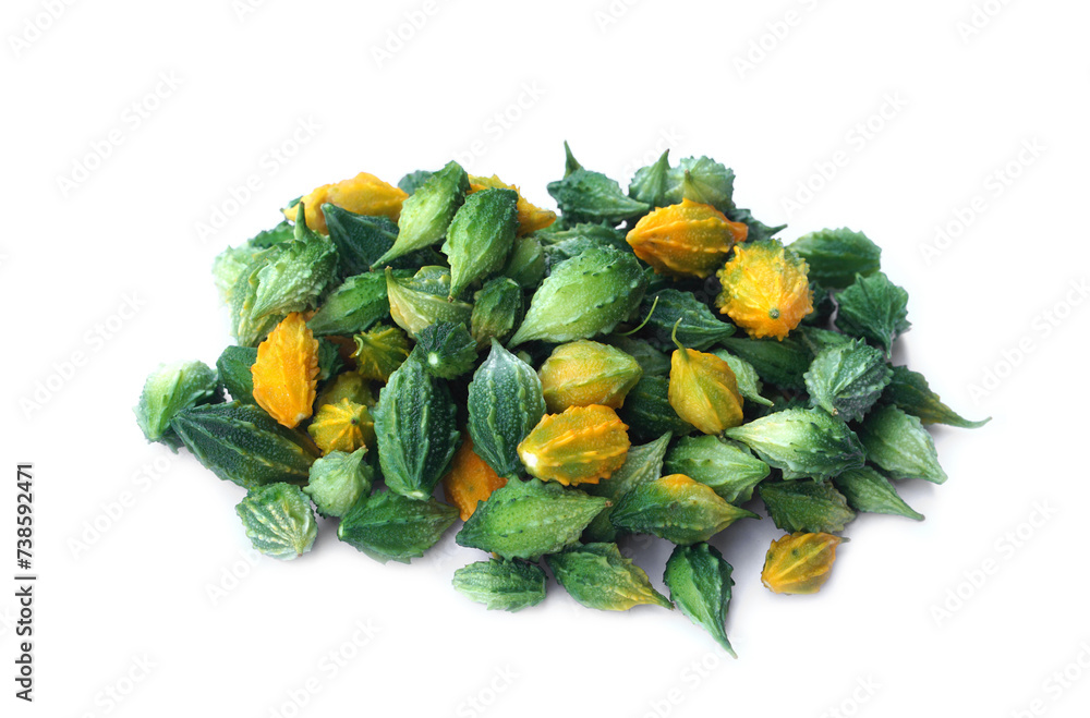 Pile of organic bitter gourd fruits on white background. Concept, Thai