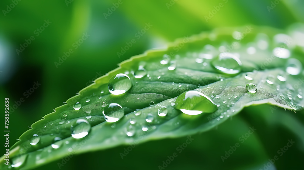 Large beautiful transparent raindrops on green leaves macro Large beautiful transparent raindrops on green leaves macro