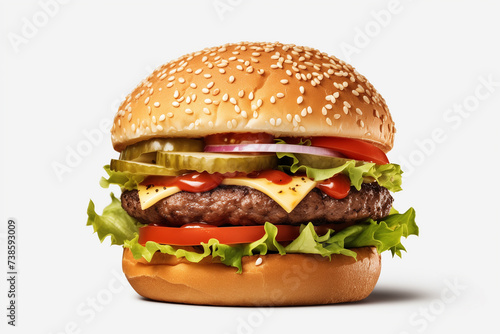 cheeseburger with lettuce, tomato, onion, and sesame seeds on a white background