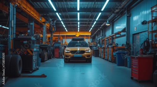 Sleek Vehicle Undergoing Pre-Service Inspection in a High-Tech Garage