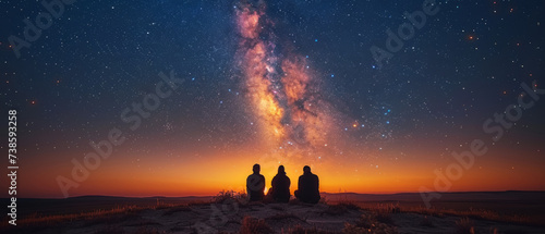 Three people observing the Milky Way on a desert hill at twilight. Stargazing and cosmic wonder concept. Design for poster, wallpaper, and educational material.