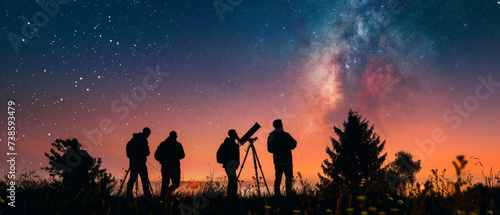 Group of astronomers with telescopes exploring the night sky at twilight. Astronomy and stargazing concept. Design for poster  wallpaper  and educational material.