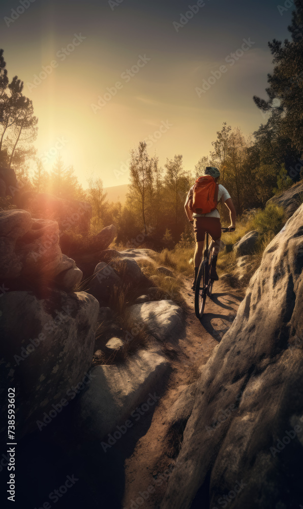 Man riding mountain bike in the forest at sunset