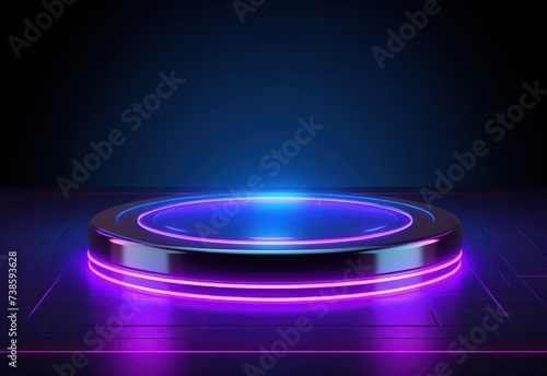 Podium round purple blue neon light futuristic platform teleport tech cyber graphic on dark background.