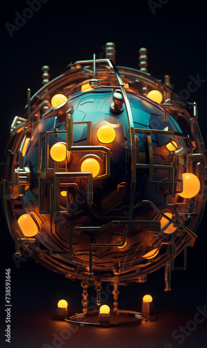 Futuristic globe with network of gold pipes and luminous nodes