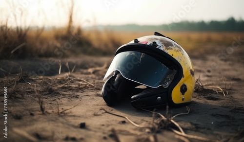 Yellow motorcycle helmet lying on the sand in the evening