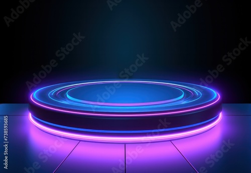 Podium round purple blue neon light futuristic platform teleport tech cyber graphic on dark background.