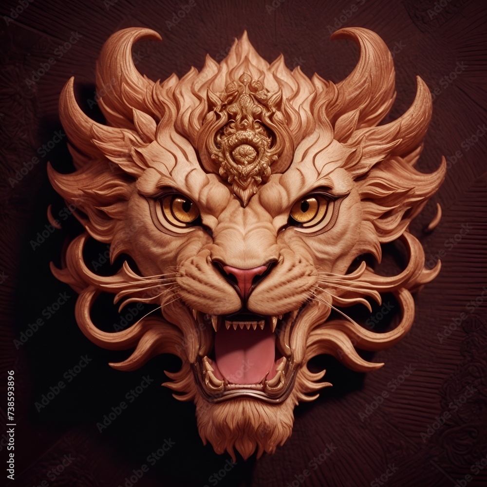 Obraz premium Abstract decorative lion mask. Fashionable background for design projects. Illustrations created using artificial intelligence. Illustrations and Clip Art AI generated.