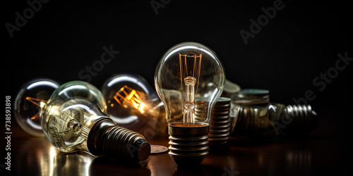 Different light bulbs are lying on wooden table.