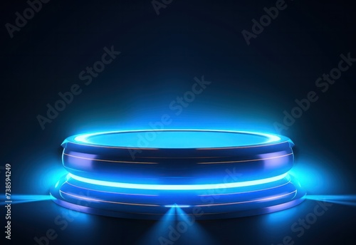 Round podium blue neon light futuristic platform sparkle tech cyber graphic for present product on dark background.