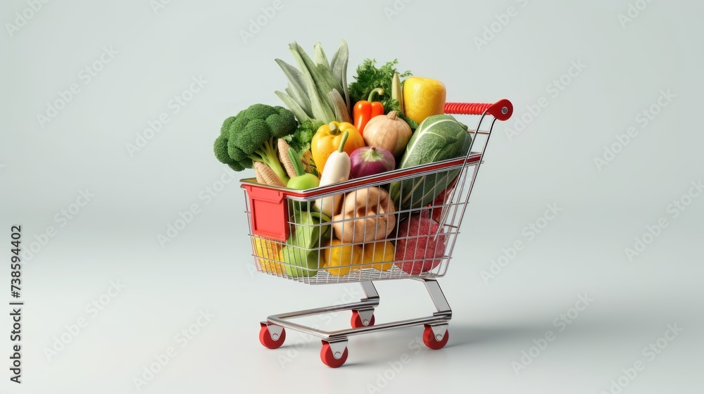 Shopping cart full of fresh groceries, isolated on color background.