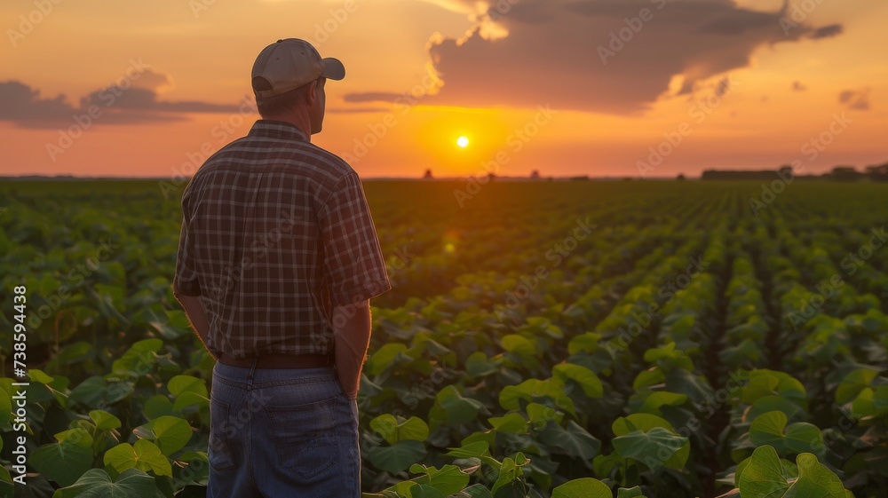 Farmer guy walk through vegetables at sunset. Agronomist work in open field. Agriculture of organic crops. Man watch at his green land plants. Growing food at plantation. Healthy eco products concept. Farmer guy walk through vegetables at sunset. Agronomist work in open field. Agriculture of organic crops. Man watch at his green land plants. Growing food at plantation. Healthy eco products concept.