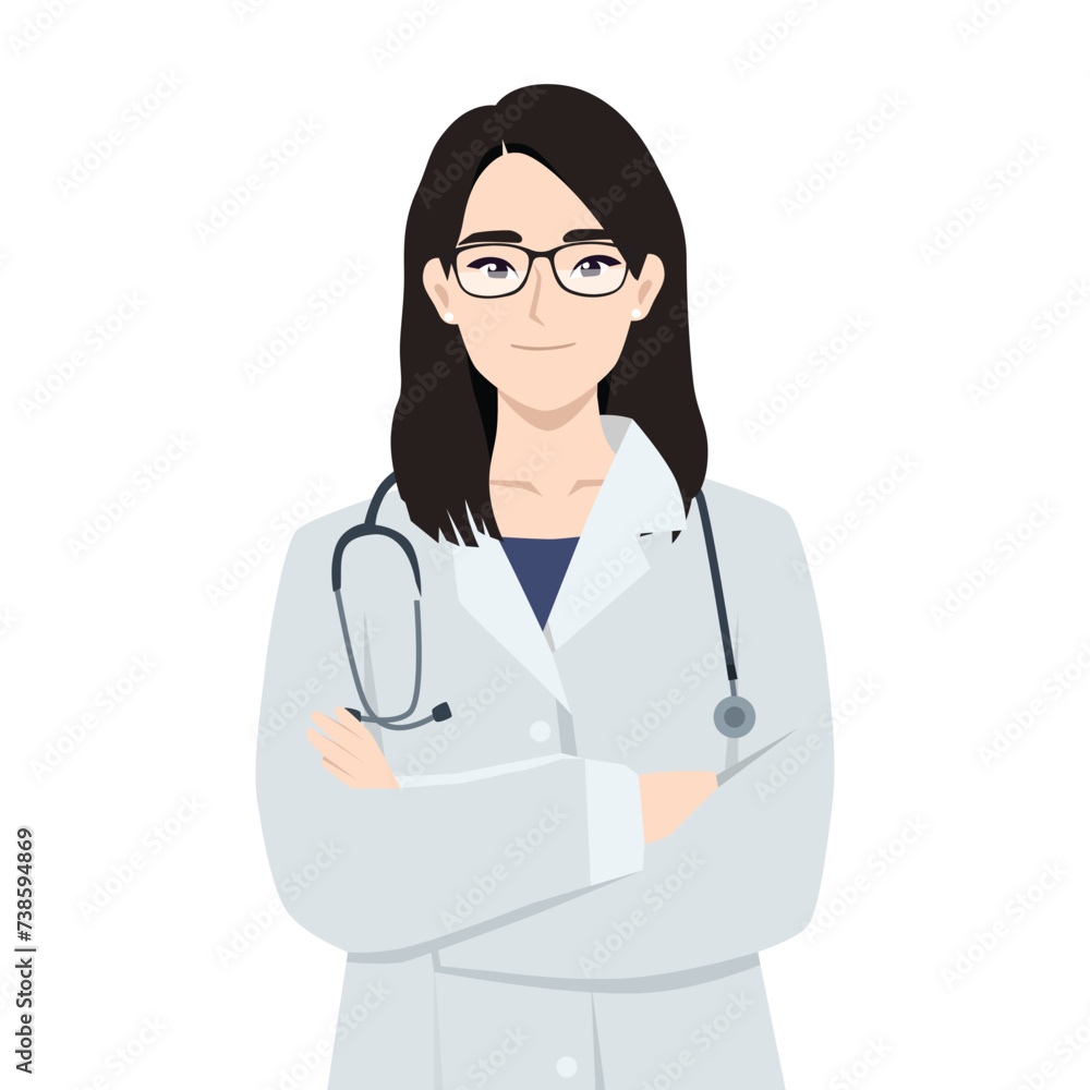 Woman doctor standing with stethoscope with folded hands. Flat vector illustration isolated on white background Woman doctor standing with stethoscope with folded hands. Flat vector illustration isolated on white background