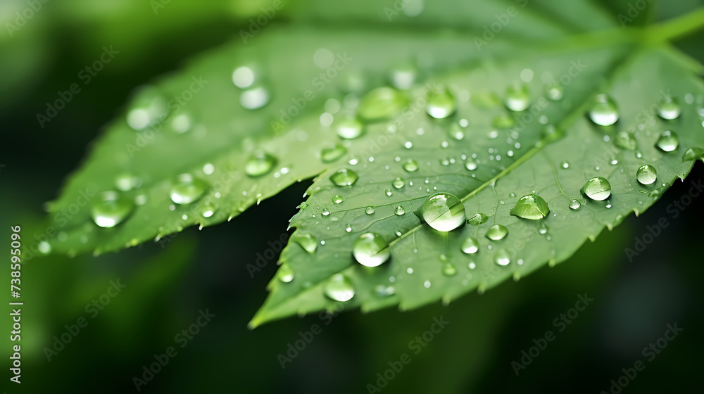 Large beautiful transparent raindrops on green leaves macro Large beautiful transparent raindrops on green leaves macro