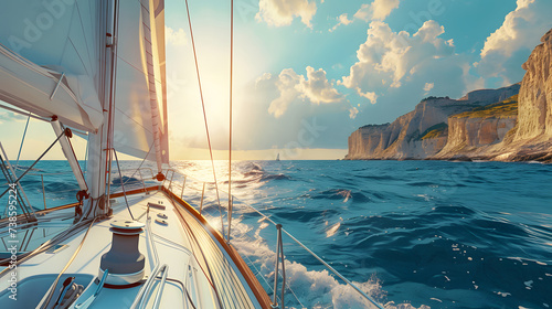 A boat is sailing on the ocean with a beautiful sunset and cliffs in the background.