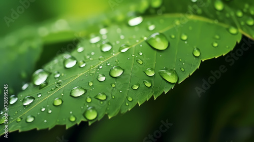 Large beautiful transparent raindrops on green leaves macro