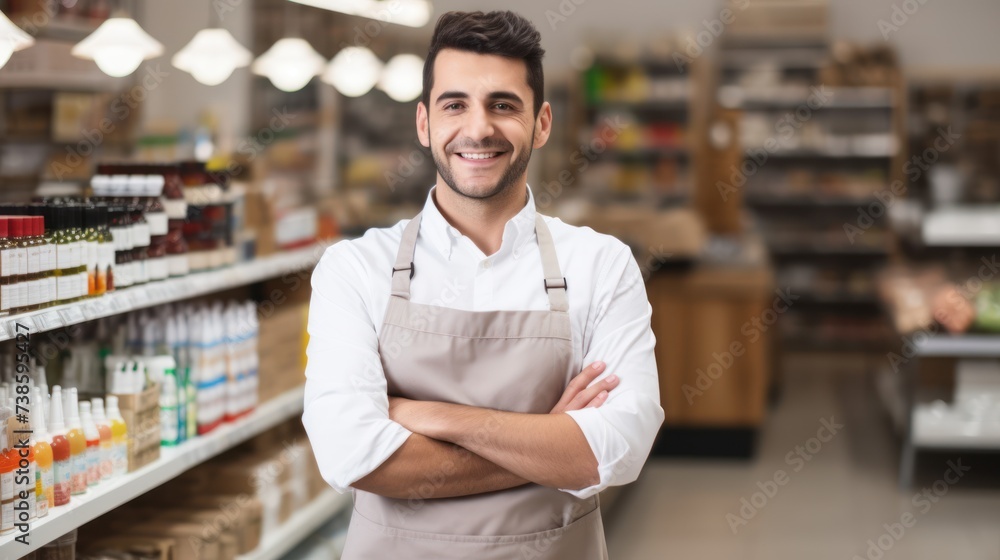 A smiling young male stood in front of the counter with her arms crossed, a supermarket worker, looking at the camera. - obrazy, fototapety, plakaty 