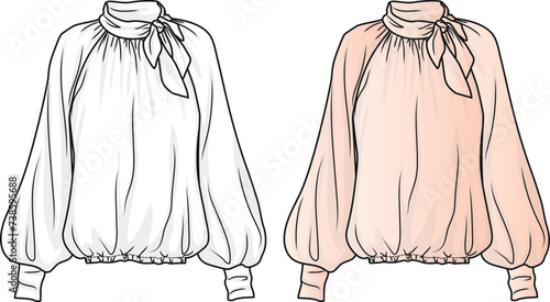 BLOUSE Design Vector Flat sketch, Technical Drawing, Clothing Fashion. Black white and colorful Blank design template for designers for fashion collection. Silk chiffon blouse with tie detail.