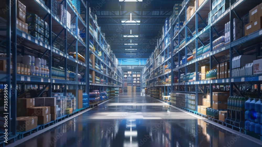 Large warehouse interior with organized shelves, symbolizing logistics and supply chain management.