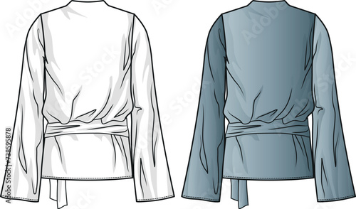 BLOUSE Design Vector Flat sketch, Technical Drawing, Clothing Fashion. Black white and colorful Blank design template for designers for fashion collection. Silk chiffon blouse with tie detail.