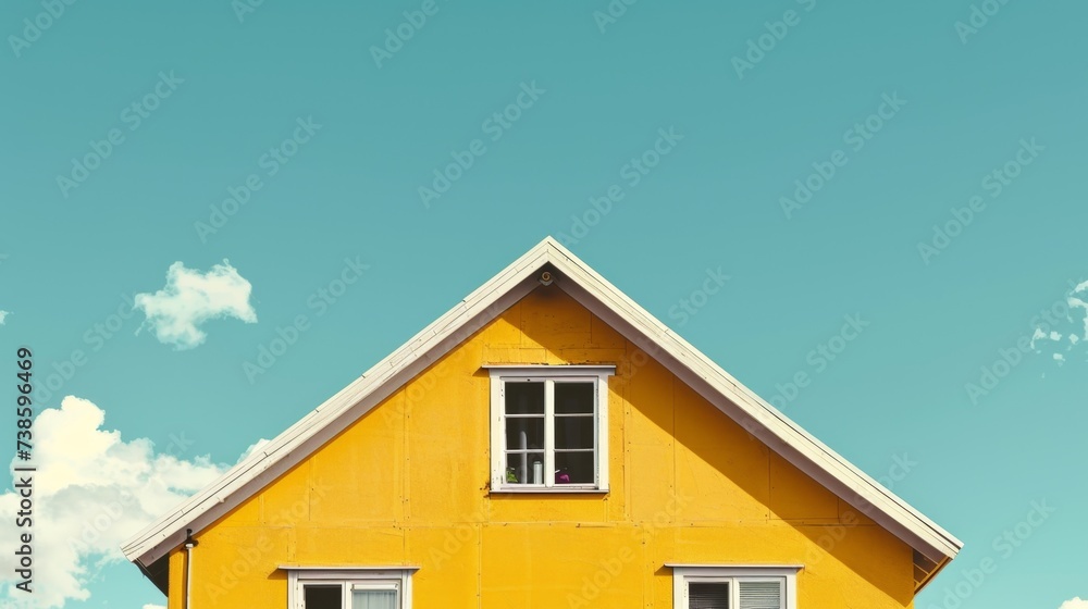 A charming yellow house with a vivid blue sky, great for real estate and housing market articles.