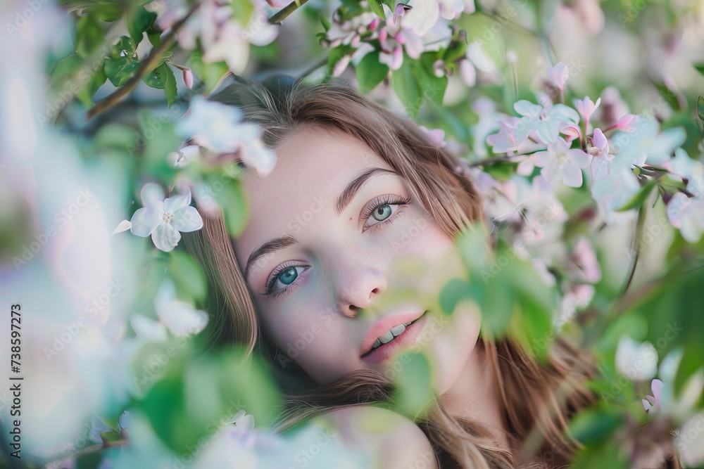 Artistic portrait session in a blooming flower garden 