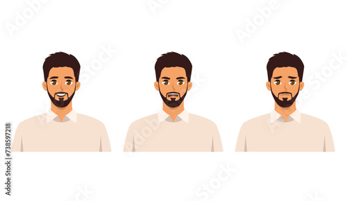 Set of male facial emotions. Young man emoji character with different expressions. Flat vector illustration isolated on white background