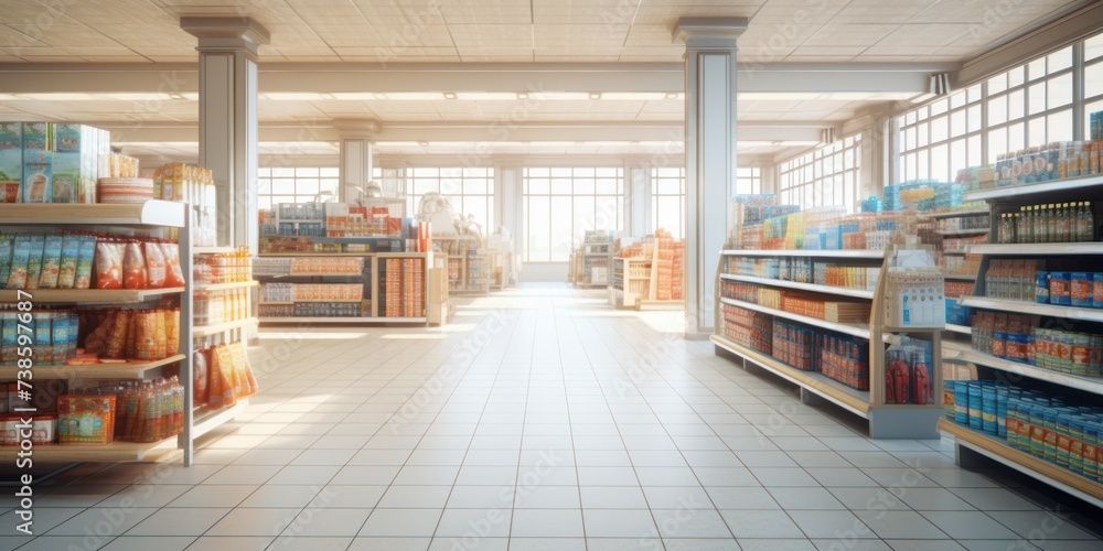 supermarket aisle with products on the colorful shelves.