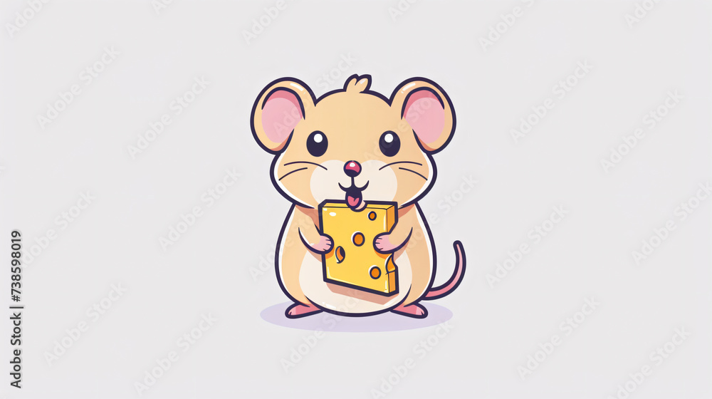Flat logo of Cute mouse eating cheese cartoon