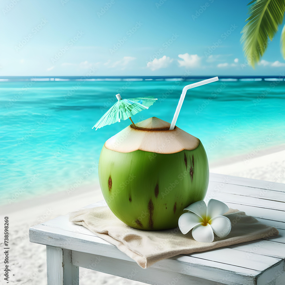 coconut filled with refreshing coconut water on white table on summer tropic ocean background coconut filled with refreshing coconut water on white table on summer tropic ocean background