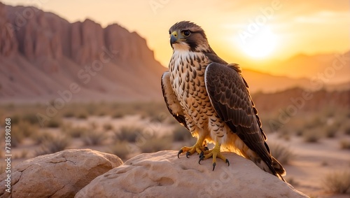 Impeccable photo quality, 8K, desert oasis backdrop, close-up of a majestic falcon perched on a rocky outcrop, with the golden hues of sunset casting a warm glow. generative AI