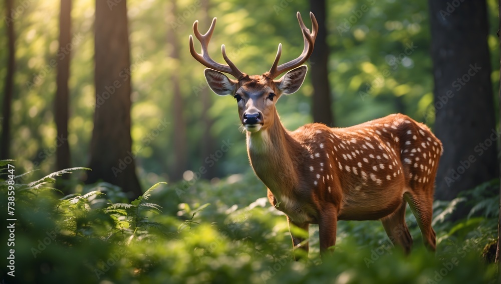 High-quality image, 8K, lush forest scene, close-up of a curious deer ...