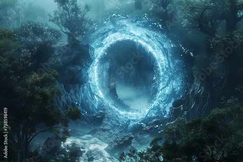 Blue portal, stargate, forest landscape, game design, futuristic plot, aerial view, glare of light on the portal
