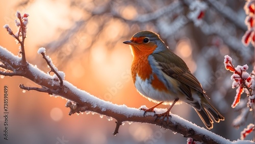 Stunning picture, 8K, snow-covered landscape, close-up of a resilient robin perched on a frosty tree branch, with the soft glow of the rising sun illuminating its vibrant red breast. generative AI © Zohaib