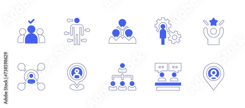 People icon set. Duotone style line stroke and bold. Vector illustration. Containing selection, success, teamwork, gear, acupuncture, connection, placeholder, team, interview, location.